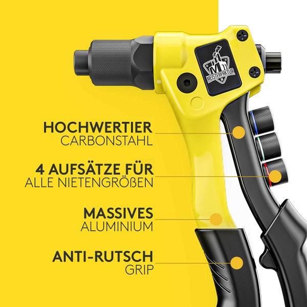 Nietzange aus Aluminium und Carbonstahl mit Anti-Rutsch-Griff und vier Aufsätzen für alle Nietengrößen. Meisterfaktur Logo.