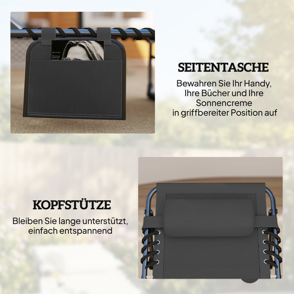 Gartenliege mit Seitentasche für Utensilien und einer bequemen Kopfstütze.