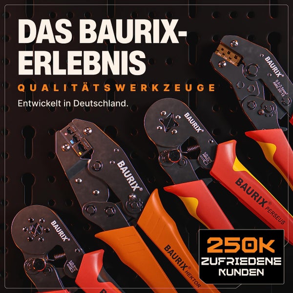 BAURIX® Crimpzange für Aderendhülsen, Selbsteinstellende Krimpzange 0,25-10mm², Ergonomische Presszange, Crimp Zange für isolierte & unisolierte Aderendhülsen, Crimpwerkzeug - Modell: PERSEUS (4-Kant)