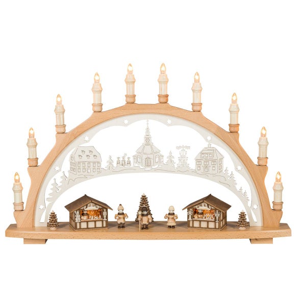 Holz Schwibbogen mit elektrischer Beleuchtung und detaillierten Weihnachtsmarktszenen für eine festliche Dekoration.