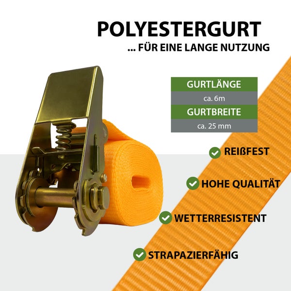 Polyester Spanngurt mit einer Länge von circa 6 Metern und einer Breite von circa 25 Millimetern.
