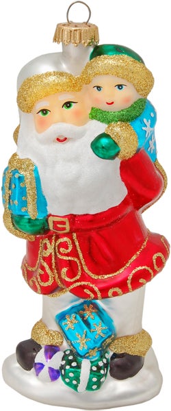 Multicolor 12cm Weihnachtsmann mit Kind, Glasornament, mundgeblasen und handdekoriert, 1 Stck., Weihnachtsbaumkugeln, Christbaumschmuck, Weihnachtsbaumanhänger