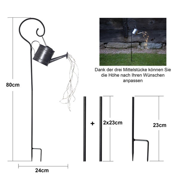 Gartendekoration Gießkanne mit LED-Lichtern an einem Metallstab