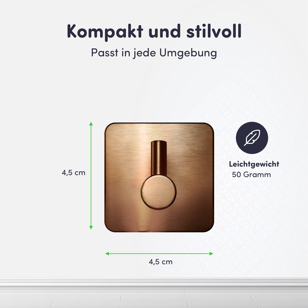 Quadratischer Wandhaken in Bronzeoptik, Maße 4,5 mal 4,5 Zentimeter, leichtgewichtig mit 50 Gramm.