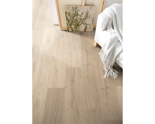 Heller Laminatboden im Wohnraum mit Sofa und Kunstwerken