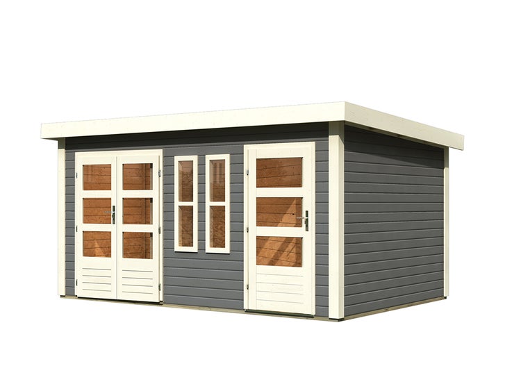 Modernes Gartenhaus aus Holz mit Pultdach, Doppeltür, Einzeltür und zwei Fenstern in Anthrazit und Weiß.