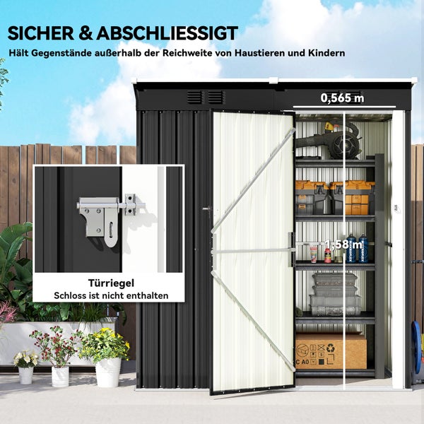 Metall-Gartenschrank mit Regalböden, Türriegel und Maßen 0,565 mal 1,58 Meter, sicher und abschließbar.