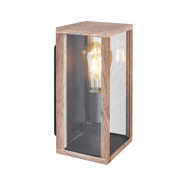 Rechteckige Wandaußenleuchte in Holzoptik mit Klarglas und sichtbarem Leuchtmittel.