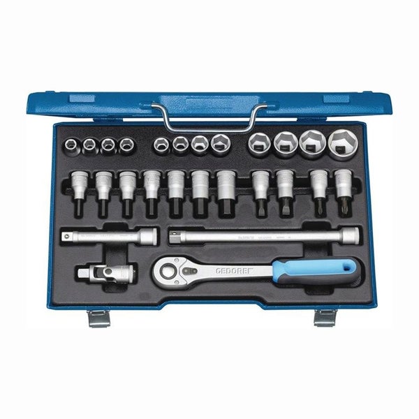 GEDORE Knarrenkasten mit Steckschlüsseln und Bits in einem blauen Metallkoffer.