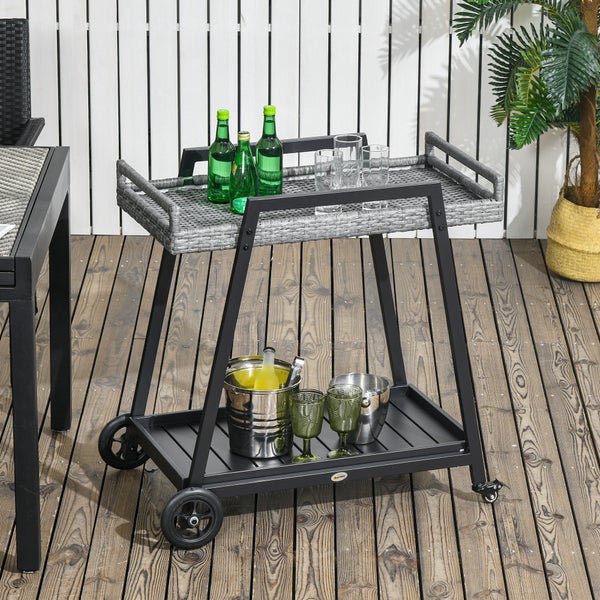 Outsunny Rattan Servierwagen mit Ablage, Gartenrollwagen mit Griffen, 79L x 52B x 82H cm, Stahl, Grau
