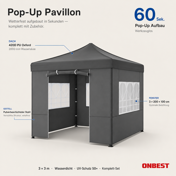 Pop-Up Pavillon 3 mal 3 Meter, Aufbau in 60 Sekunden, wasserdicht mit UV-Schutz 50 plus, Stahlgestell und Seitenwänden mit Fenstern.