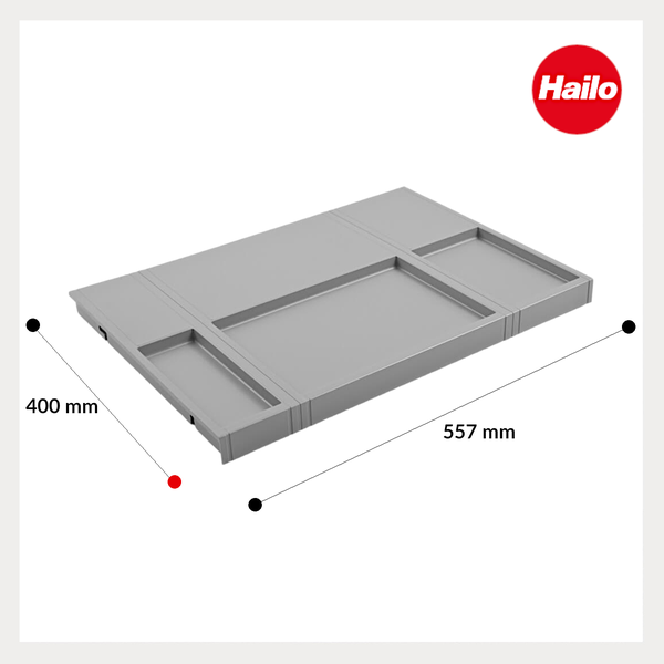 Hailo Systemdeckel mit drei Ablagefächern, Maße 400 Millimeter mal 557 Millimeter. Hailo Logo.