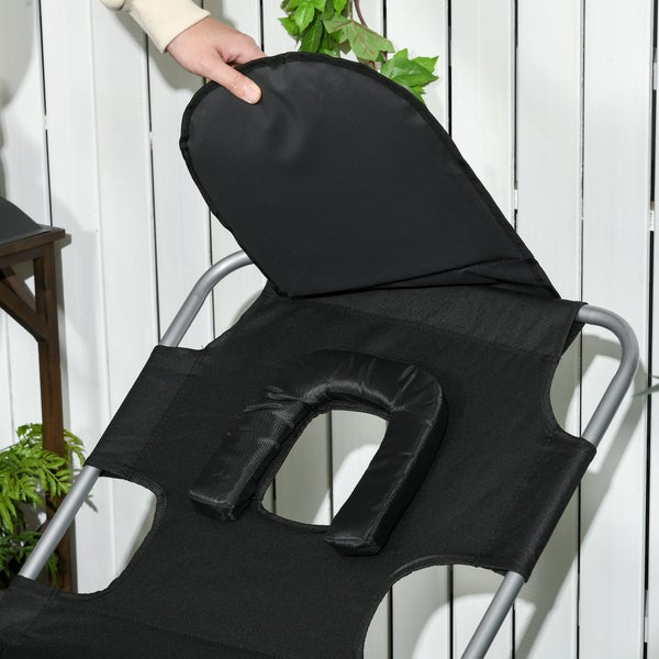 Schwarze flexible Gartenliege mit 5-stufig verstellbarer Rückenlehne und neigbarem Fußteil, Gestell aus Aluminium und Textilbespannung.