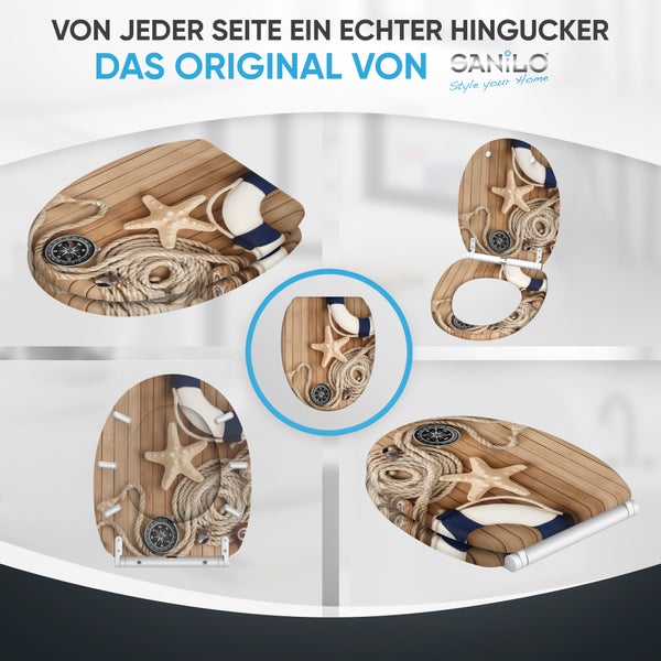WC-Sitz von Sanilo in verschiedenen Ansichten mit maritimen Motiven wie Seestern, Tau und Kompass auf Holzoptik. Sanilo Logo.