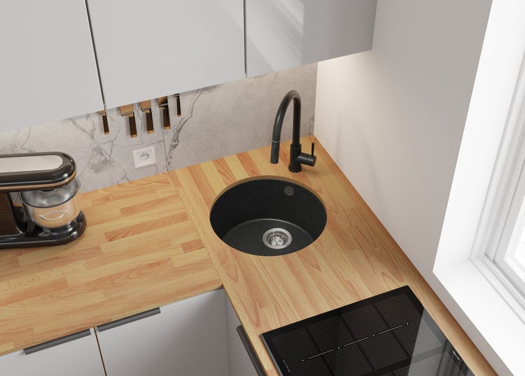 PRIMAGRAN Unterbauspüle Granit Anthrazit 46x46cm, Spülbecken 1 Becken + Küchenarmatur 40x20cm + Ablauf-Set, Granitspüle ab 50er Unterschrank - Valletta