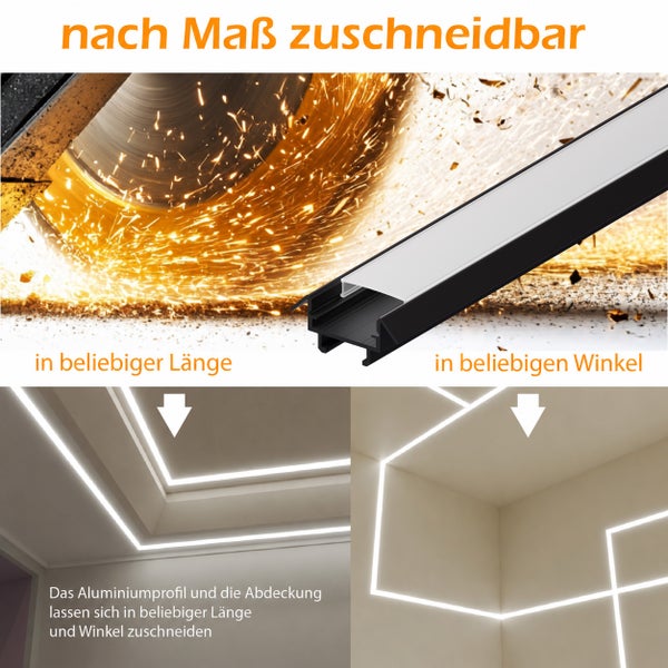 Zuschneidbares Aluminiumprofil für LED Streifen inklusive Abdeckung zur individuellen Montage an Decken und Wänden für Beleuchtungslösungen.