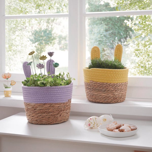 FRANK FLECHTWAREN|Füllkorb Hasenöhrchen, 2er Set, Ø 20 x 15 cm, GH 25 cm, SEEGRAS, TEXTIL, KUNSTSTOFF