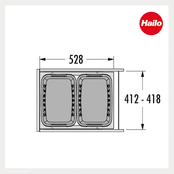Maßzeichnung für Hailo Abfalltrennsystem im Auszug, Breite 528, Tiefe 412 bis 418, Draufsicht auf zwei Eimer, Hailo Logo.
