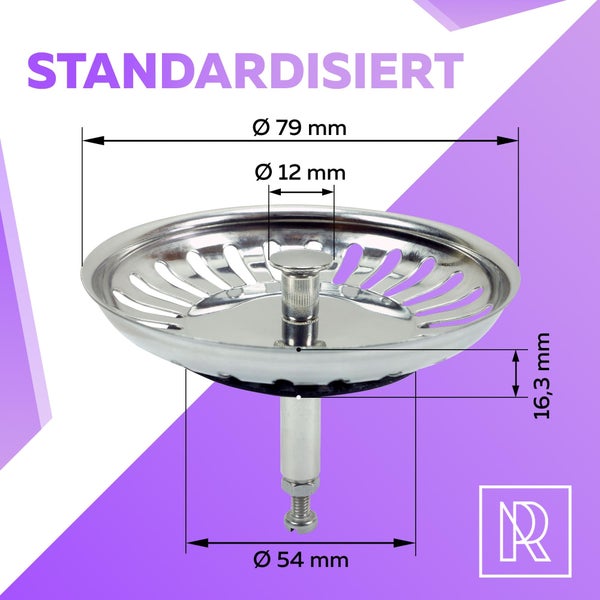 Standardisierter Spülenstöpsel mit den Massangaben 79 mm, 12 mm, 16,3 mm und 54 mm.