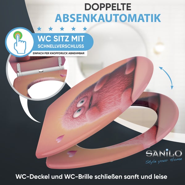 Sanilo WC-Sitz: Breite 37,7 cm, Länge 46 bis 48 cm, Innenöffnung 28 mal 22,7 cm, Scharnierabstand 11 bis 21,5 cm. Belastbar bis 200 kg. Sanilo Logo.