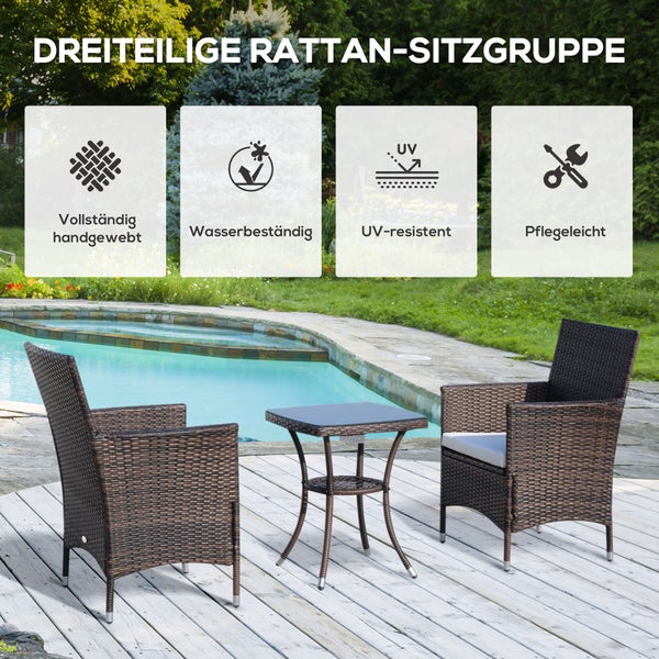 Outsunny 3-tlg. Gartenmöbel-Set, B60 x T58,5 x H89,5 cm, Metall, PE-Rattan, Polyester, Schaumstoff, braun