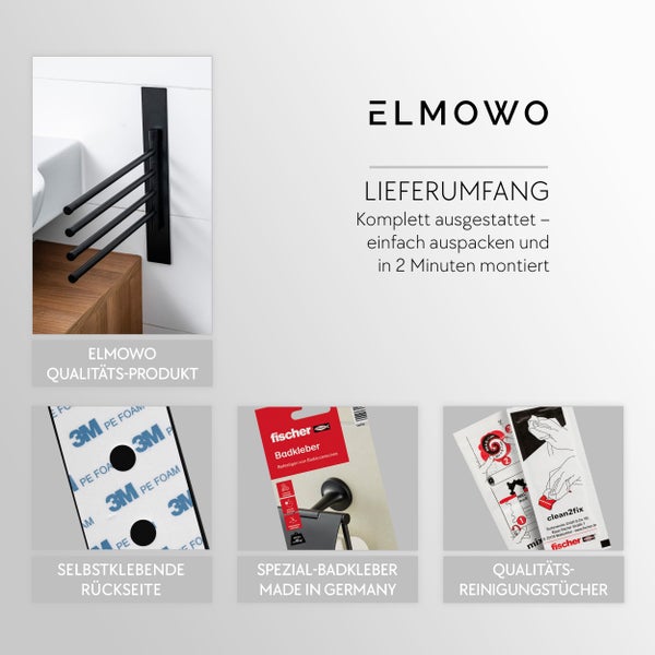 ELMOWO Handtuchhalter mit Montagezubehör, selbstklebendem Schaumstoffband, Fischer Badkleber und Reinigungstüchern für einfache Wandmontage.