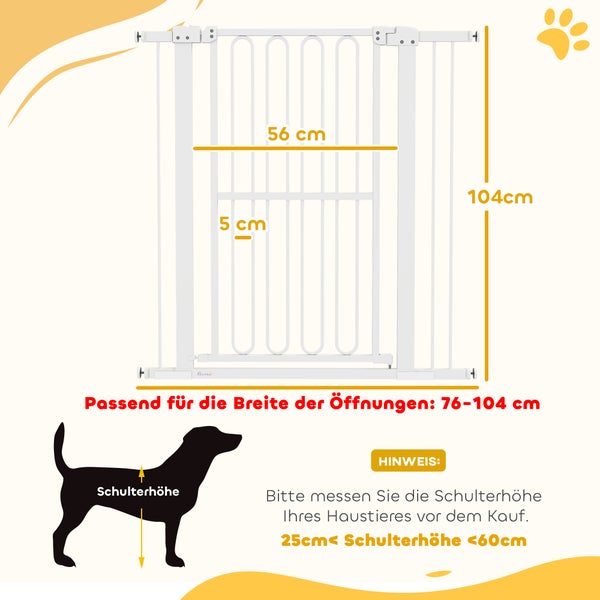 PawHut Türschutzgitter Hund, 76-104 cm Absperrgitter ohne Bohren, Treppengitter aus Stahl, Treppenschutzgitter, Schutzgitter, Sicherheitsgitter für Treppen, Tür, Flur, Weiß