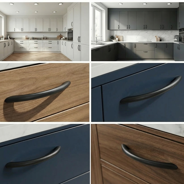 Collage mit Küchenansichten und Detailaufnahmen von Möbelgriffen