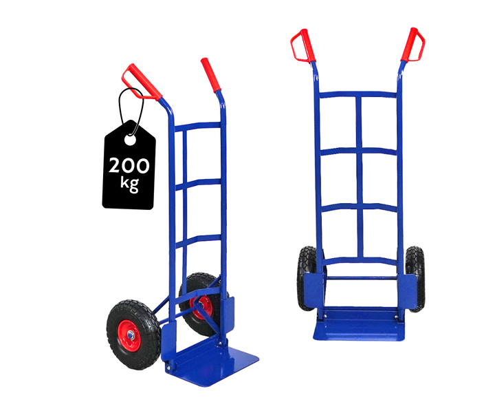Blaue Sackkarre aus Metall mit einer Tragkraft von 200 Kilogramm, roten Sicherheitshandgriffen und schwarzen Luftreifen.