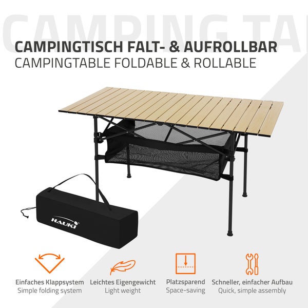 Hauki Campingtisch faltbar Beige, 118 x 55 x 64,5 cm, Aluminium Klapptisch, Aufrollbare Tischplatte, Falttisch klappbar, Gartentisch Balkontisch Reisetisch Rolltisch Markttisch inkl. Tragetasche