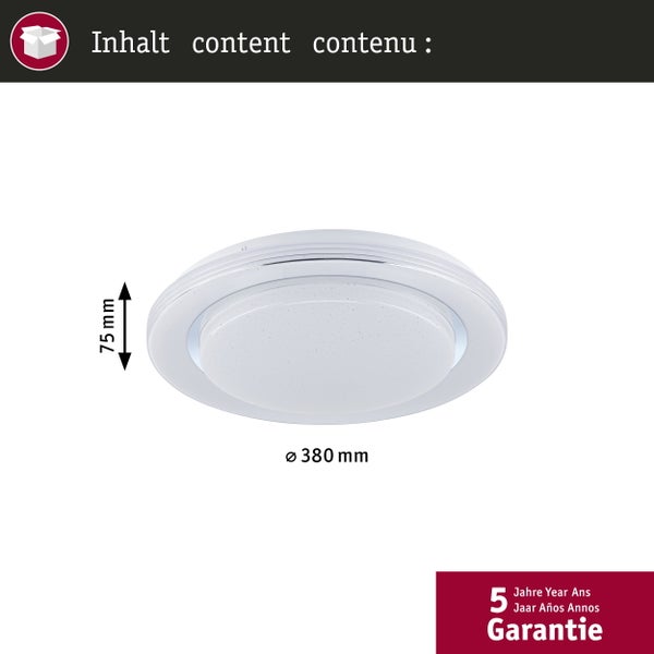Runde LED-Deckenleuchte mit einem Durchmesser von 380 Millimetern und einer Höhe von 75 Millimetern sowie 5 Jahren Garantie.