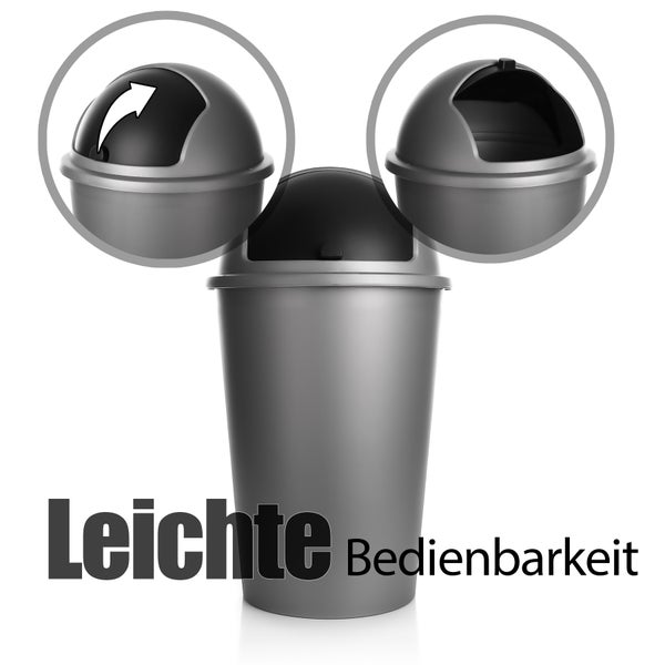 BigDean Abfalleimer grau 50 L mit schwarzem Schiebedeckel Ø 25cm x H 68cm – Mülleimer groß aus Kunststoff für die Küche oder das Büro – Müllbehälter geruchsdicht mit rundem Deckel – Made in Europe