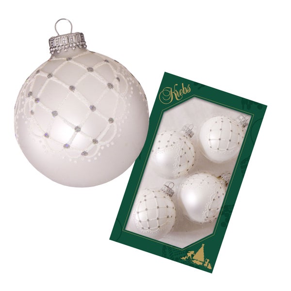 Silberpearl 7cm Glaskugel handdekoriert mit weißem Netz und Punkten, 4 Stck., Weihnachtsbaumkugeln, Christbaumschmuck, Weihnachtsbaumanhänger