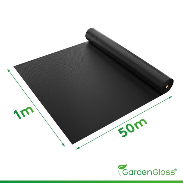 GardenGloss® 50m² Unkrautvlies Gartenvlies 150g/m² Extra Stark gegen Unkraut – Extrem Reissfest und Hohe UV-Stabilisierung – Unkrautfolie Wasserdurchlässig (50m x 1m, 1 Rolle)