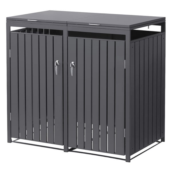 Mülltonnenbox für zwei Mülltonnen, Metall, anthrazit, Lamellendesign, zwei Türen und zwei Deckel.
