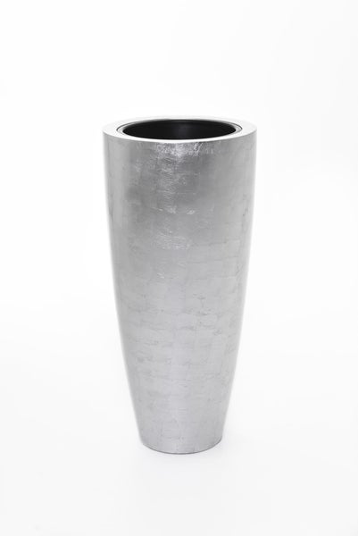 Zylindrisches Fiberglas-Pflanzgefäß, Schwarz, 100 Zentimeter hoch, Durchmesser oben 33 Zentimeter, unten 25 Zentimeter.