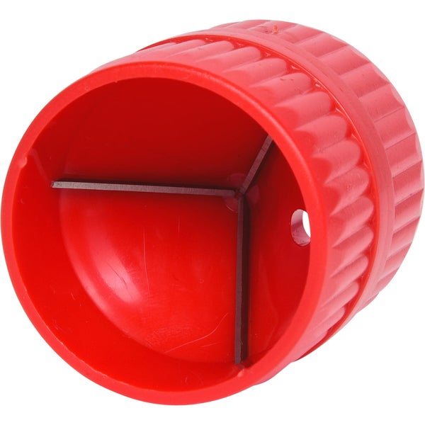 Roter Rohr-Innen- und Außenentgrater aus Kunststoff mit Stahlklingen für Kupfer- und Kunststoffrohre.