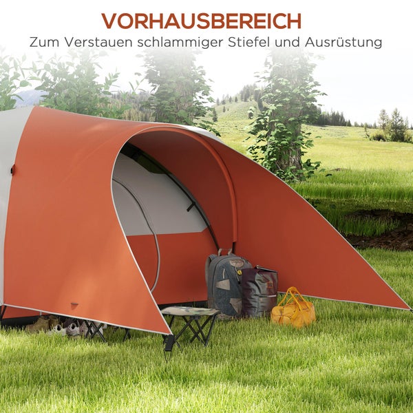 Outsunny Campingzelt, Wasserabweisend Familienzelt für 6 Personen, 550L x 300B x 198H cm, Polyester, PE, Orange