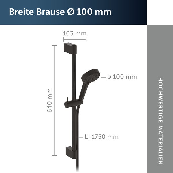 Breite Duschstange mit Handbrause und Maßangaben