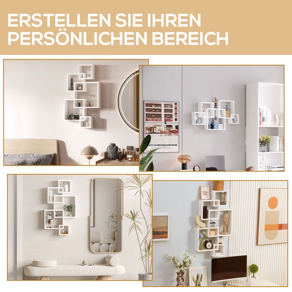 HOMCOM Wandregal Schwebende Hängeregal zur Wandaufbewahrung Wandboard mit 9 Fächern Wanddeko für Wohnzimmer, Schlafzimmer, Flur, Weiß