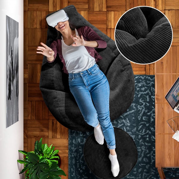 Green Bean Sitzsack mit Hocker aus Cord - Sitzsäcke für das Wohnzimmer, Schlafzimmer, Sitzsack-Sessel für Erwachsene Schwarz