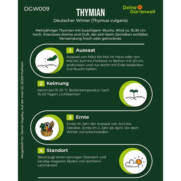 Infografik für Thymian Deutscher Winter mit Informationen zu Aussaat, Keimung, Ernte und Standort. Deine Gartenwelt Logo.