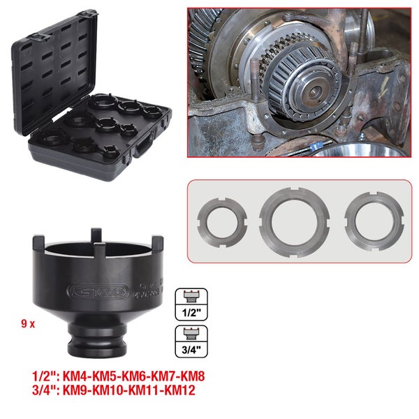 KS Tools Lagermutter-Einsatz Set mit Tragekoffer und Getriebe Anwendung