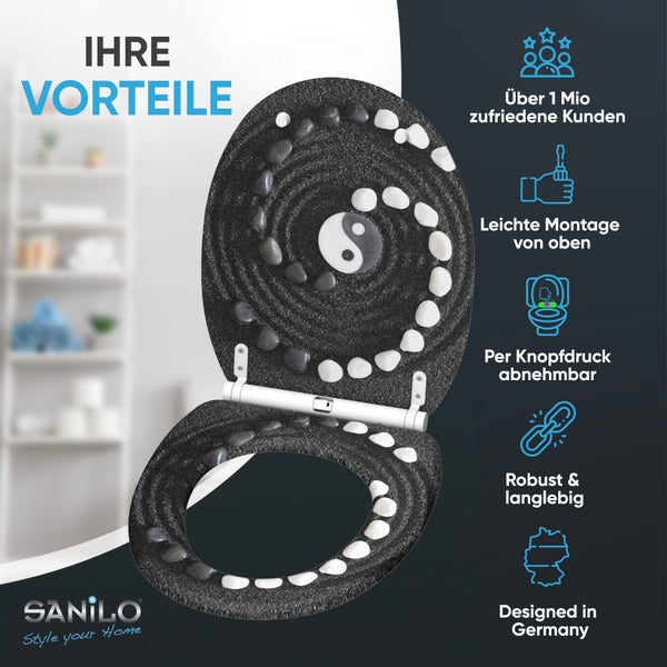 Sanilo Toilettensitz mit Zen-Design und Yin-Yang-Symbol. Vorteile: Montage von oben, abnehmbar, robust, langlebig, deutsches Design. Sanilo Logo.