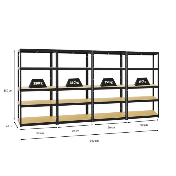 PROREGAL Mega Deal 4x Schwerlastregal Slim Elephant S HxBxT 180 x 90 x 45 cm 5 Ebenen Fachlast 350 kg Schwarz