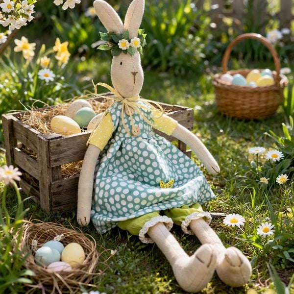 Stoffhase in Kleid mit Blumenkranz, sitzend im Gras neben einer Holzkiste mit Heu und Ostereiern in einem hellen, frühlingshaften Garten.
