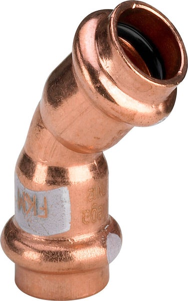 Pressfitting Bogen 45 Grad aus Kupfer für Rohrverbindungen.
