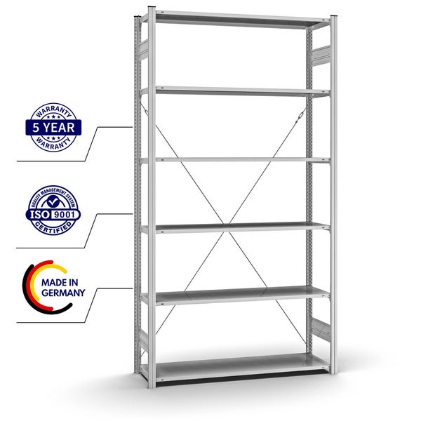 PROREGAL Profi Lagerregal Stecksystem T-Profil Grundregal HxBxT 250 x 130 x 40 cm Fachlast 95 kg Verzinkt