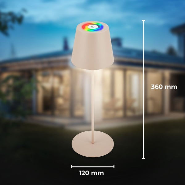 Beige Tischleuchte mit Touch-Steuerung und RGB-Farbring, Höhe 360 Millimeter, Fußdurchmesser 120 Millimeter.