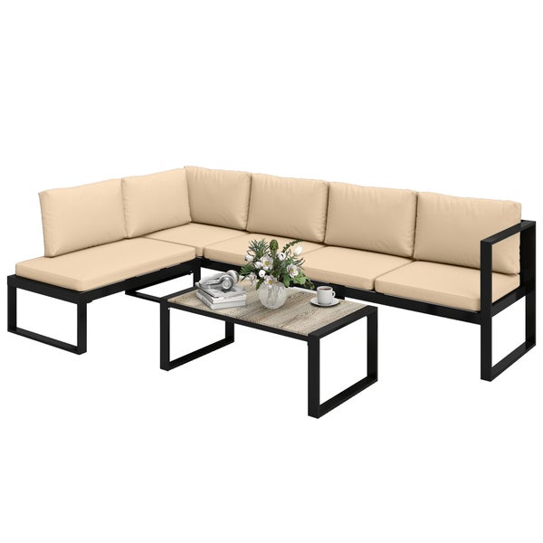 Modernes Eck-Lounge-Set mit schwarzem Metallgestell, beigefarbenen Polstern und Couchtisch mit Tischplatte in Holzoptik.